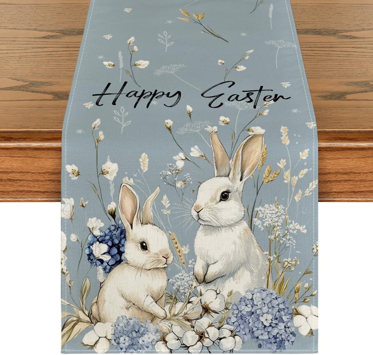 Bunny rabbit, hydrangea Happy Easter table runner, 13x36 inches, spring kitchen dining decor.